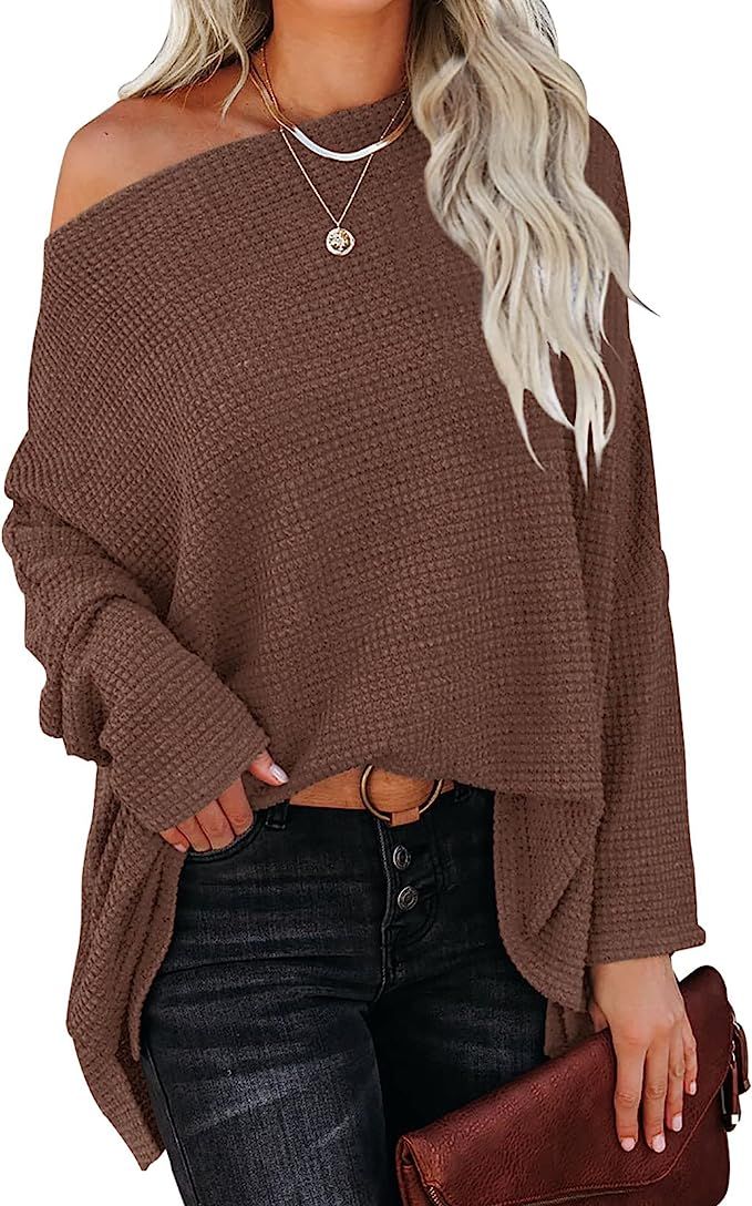 ZESICA Women's Casual Off Shoulder Batwing Long Sleeve Waffle Knit Oversized Pullover Jumper Tuni... | Amazon (US)