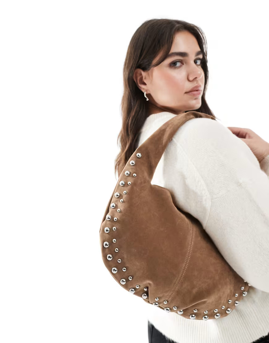 Glamorous faux suede crescent shoulder bag with studding detail in light brown | ASOS (Global)