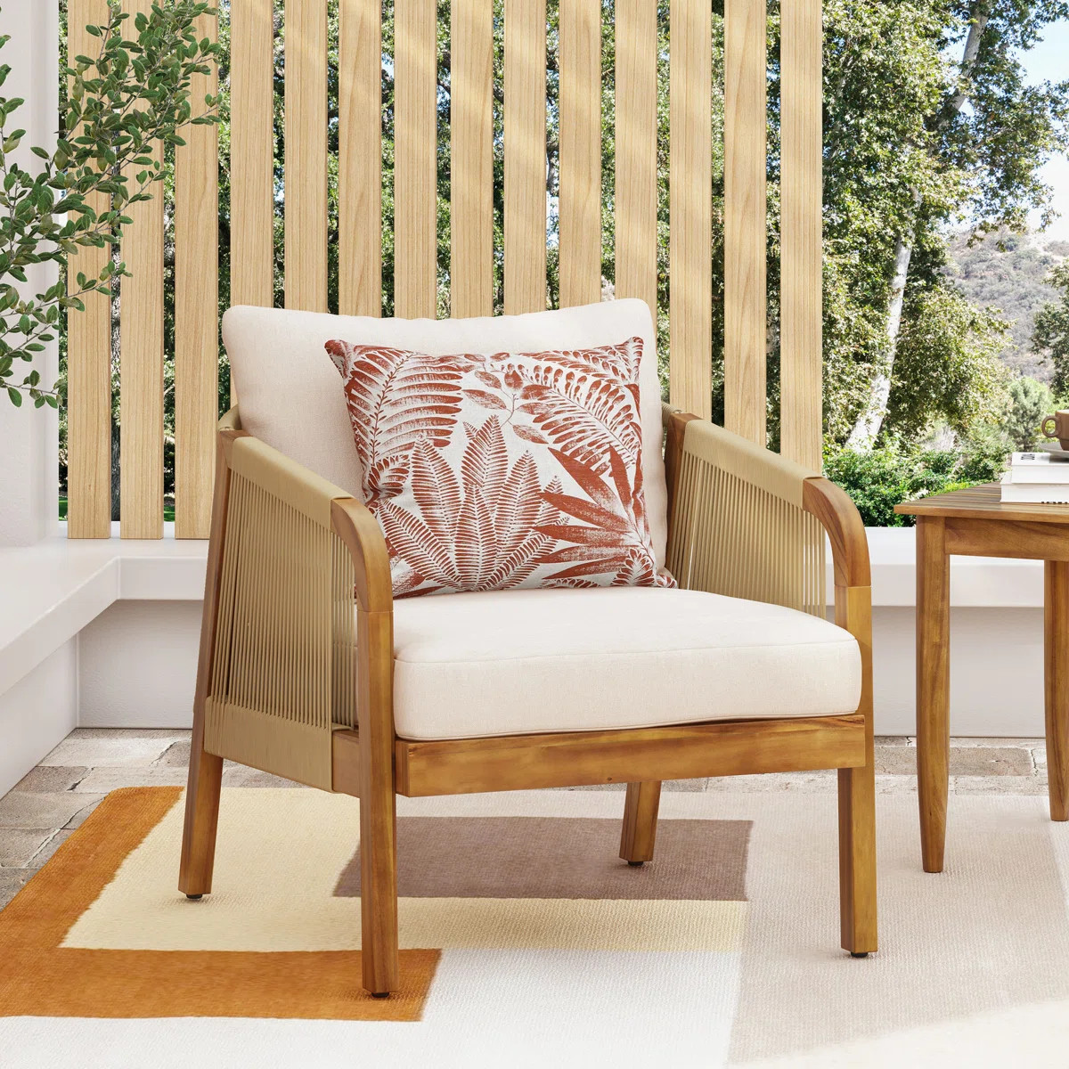 Joey Modern Acacia Wood Patio Chair with Wicker Accents and Cushions | Wayfair North America