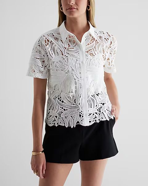 Embroidered Crochet Short Sleeve Button Up Shirt | Express
