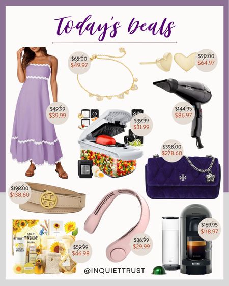 Today's deals include a chic purple sleeveless maxi dress, gold accessories, a vegetable chopper, pink neck fan, a self-care kit, and more!
#fashionfinds #hairstylingtools #kitchenessentials #springsale

#LTKSeasonal #LTKStyleTip #LTKSaleAlert