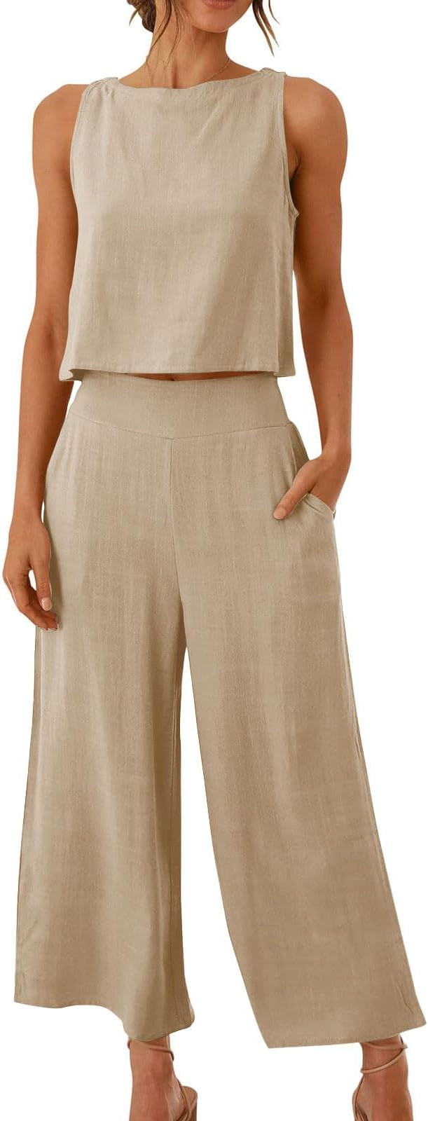 Linen Sets for Women Sleeveless Crop Top Capri Wide Leg Pants Summer Beach Casual 2 Piece Outfits | Amazon (US)