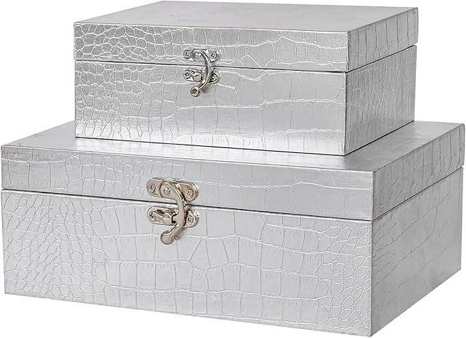Set of 2 Wooden Decorative Nesting Storage Boxes, Silver Crocodile Leather with Clasp for Home Ki... | Amazon (US)