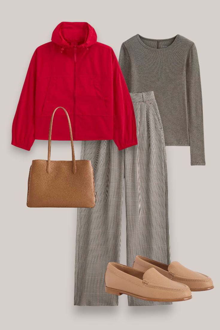 Checked trousers + red jacket
An easy smart-casual early fall outfit with checked wide leg trousers, a fitted grey top and bright red lightweight jacket. Finished with tan loafers and a structured tote. 

 #LTKautumn #LTKworkwear #LTKstyletip