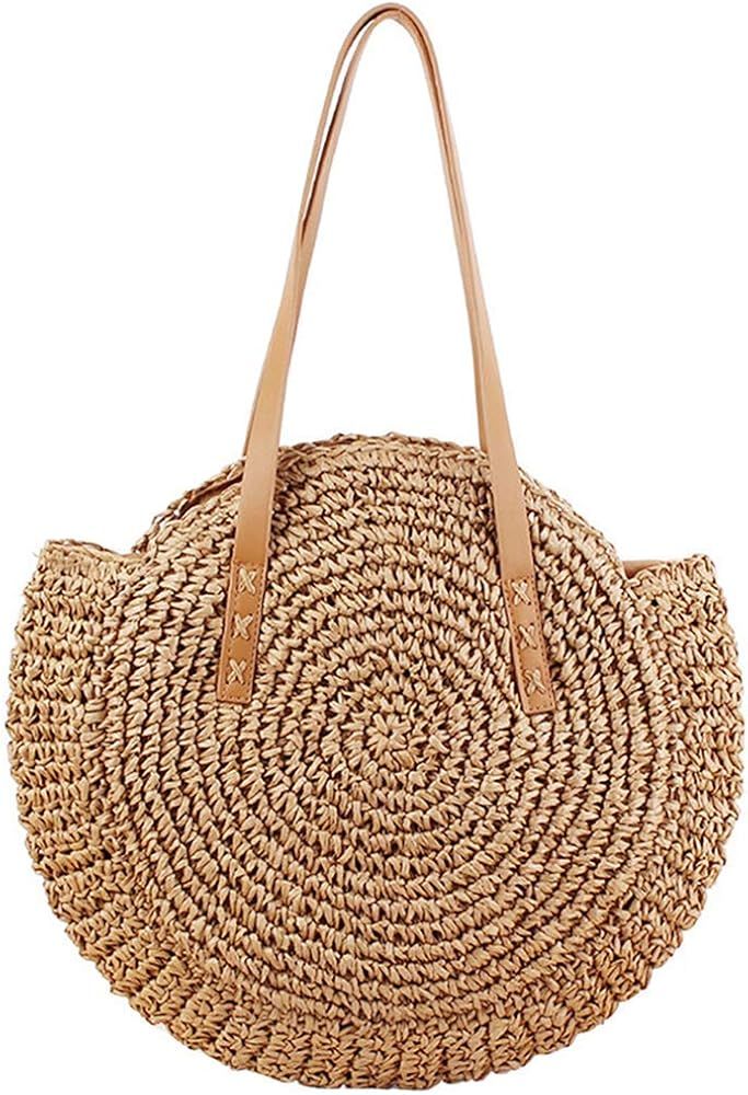 Round Straw Bag Handwoven Natural Summer Beach Shoulder Bag Rattan Crossbody Purse for Women (bro... | Amazon (US)