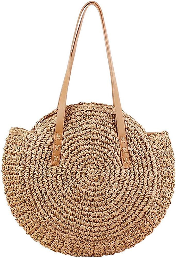 Round Straw Bag Handwoven Natural Summer Beach Shoulder Bag Rattan Crossbody Purse for Women (bro... | Amazon (US)