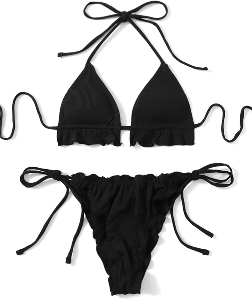 SheIn Women's Frill Trim Halter Triangle Bikini Tie Side Thong Two Pieces Swimsuits | Amazon (US)
