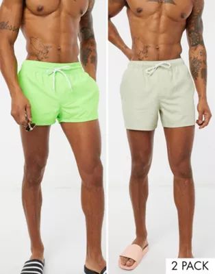 ASOS DESIGN 2 pack swim shorts in stone and neon green super short length save | ASOS US