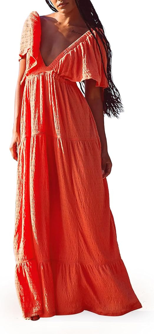 Women's Summer V-Neck, Tiered Silhouette with Flutter Sleeves Maxi Dress for Casual | Amazon (US)