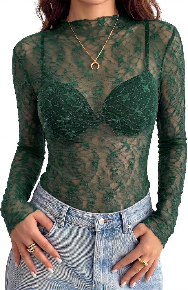 BTFBM Mesh Lace Long Sleeve Tops for Women 2026 Fall Shirts Sexy Sheer Tops | Amazon (US)