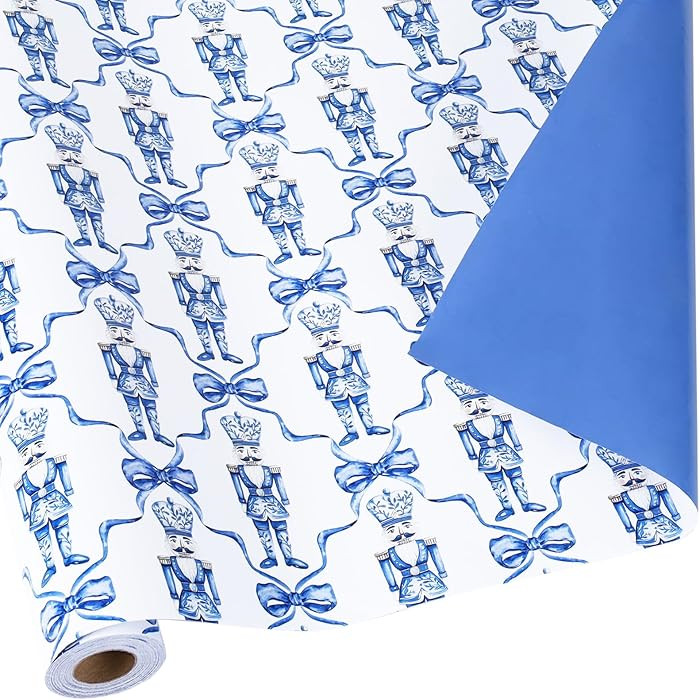 LaRibbons Reversible Christmas Wrapping Paper Mini Roll, Blue Nutcracker and Bow Pattern Toile De... | Amazon (US)