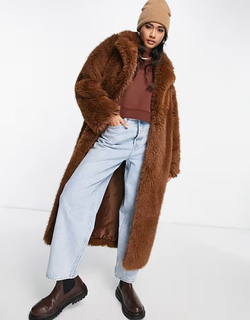 Topshop long fur coat in chocolate | ASOS (Global)
