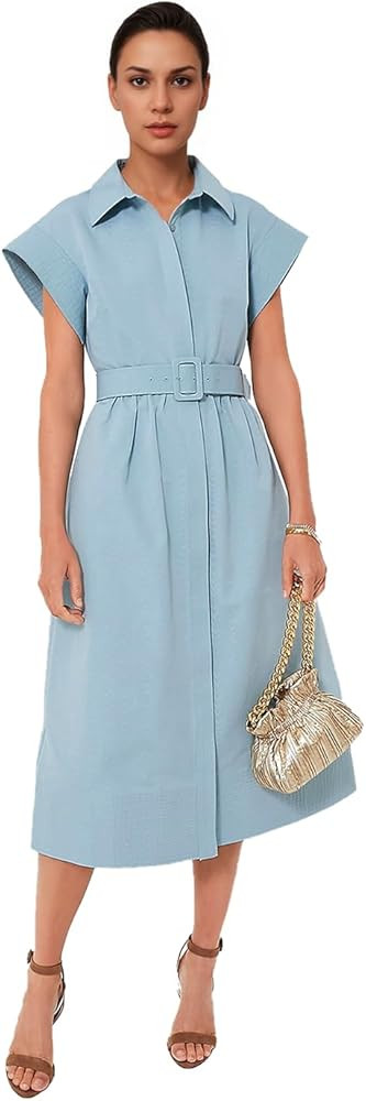 Women's Elegant Midi Shirt Dress Button Down Collared Trench Coat Business Dresses with Belt | Amazon (US)