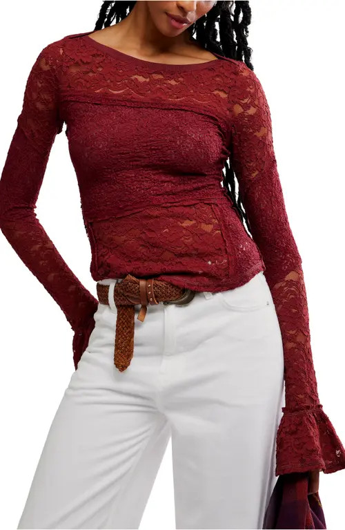 Free People Bell Sleeve Sheer Cotton Blend Lace Top in Cabrenet at Nordstrom, Size Large | Nordstrom