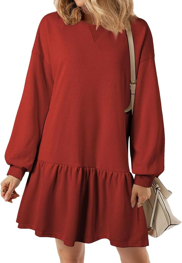 Womens Casual Dress Long Sleeve Crewneck Ruffle Pullover Cute Babydoll Patchwork Sweatshirt 2025 ... | Amazon (US)