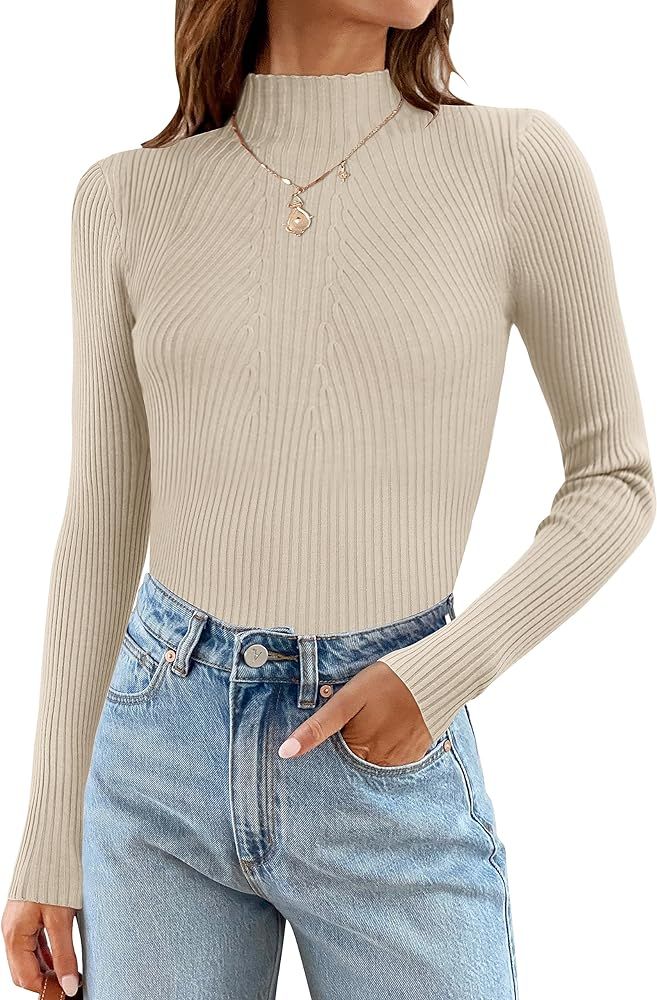 ZESICA Women's 2023 Fall Long Sleeve Turtleneck T Shirt Ribbed Knit Sweater Slim Fit... | Amazon (US)