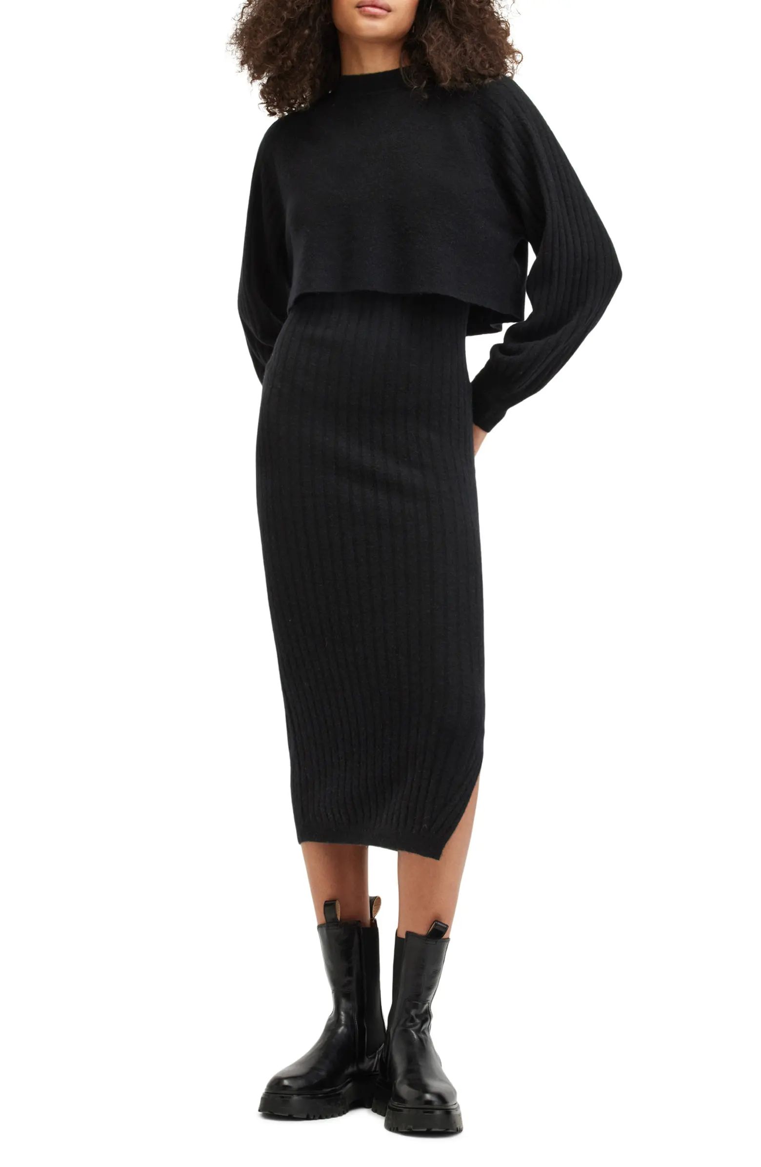 AllSaints Margot Two-Piece Rib Crop Sweater & Midi Sweater Dress | Nordstrom | Nordstrom