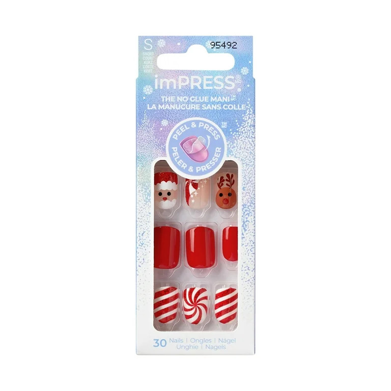 KISS imPRESS Holiday Press on Nails, Design, Ready To Jingle, Red, Short Squoval, 30 Count | Walmart (US)