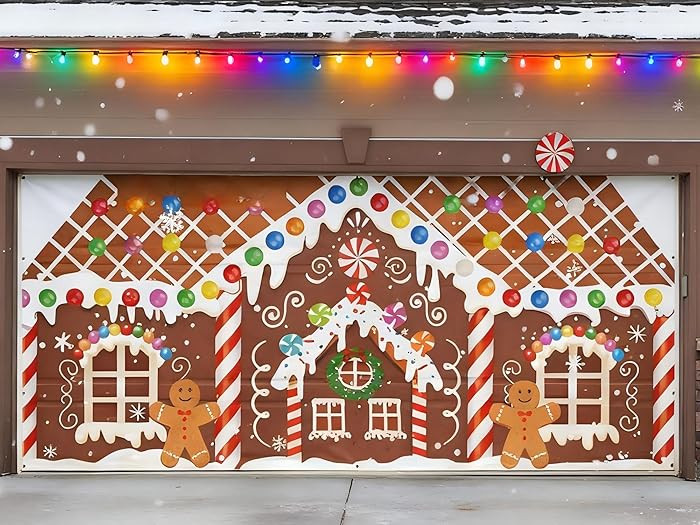6.4 x 14.6 ft Christmas Gingerbread House Garage Door Decoration Gingerbread House Candy Door Ban... | Amazon (US)