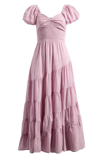 Free People Sundrenched Smocked Puff Sleeve Maxi Dress in Dawn Pink at Nordstrom Rack, Size X-Small | Nordstrom Rack