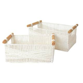 Afoxsos White Rectangular Portable Wicker Hand Woven Organizer Basket with Wood Handles for Stora... | The Home Depot