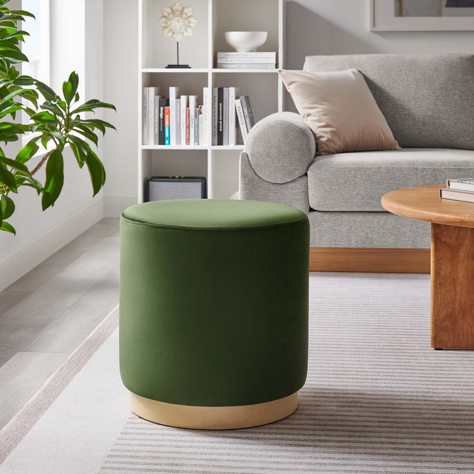 Tilden 16" Round Performance Velvet Upholstered Ottoman in Moss Green Natural | Walmart (US)