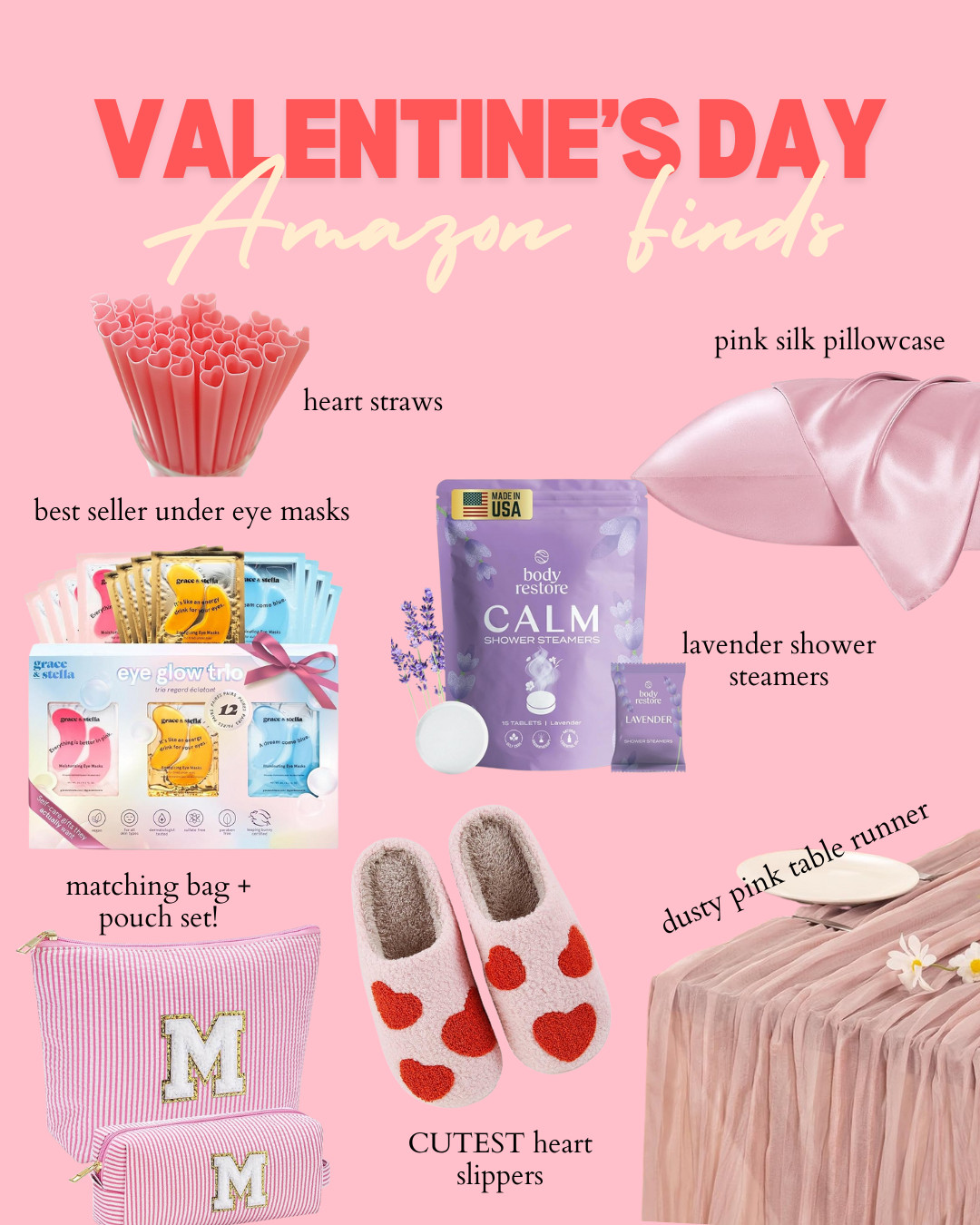 Valentine’s Day Amazon finds you’ll love! Whether you’re treating yourself or gifting someone special, these picks are perfect for a cozy and festive vibe. From the cutest heart slippers and best-selling under-eye masks to a pink silk pillowcase for ultimate beauty sleep, these finds add a little extra love to your routine. The heart straws and dusty pink table runner make entertaining easy, and the matching bag + pouch set is a must-have for travel or everyday essentials.  

 #LTKGiftGuide #LTKSeasonal #LTKSaleAlert