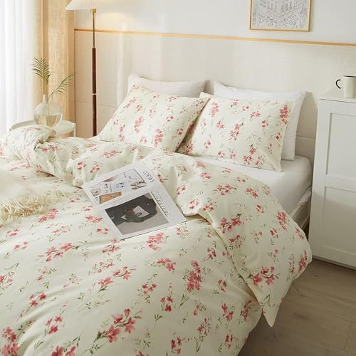 Pink Floral Duvet Cover Twin Soft 100% Cotton Girls Floral Bedding Set Aesthetic Garden Style Flower Duvet Cover Vintage Botanical Comforter Cover with 2 Pillowcases Breathable Cottagecore Bedding Set | Amazon (US)