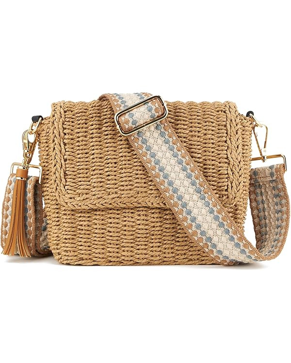 Women Summer Straw Braided Shoulder Crossbody Bag,Adjustable Straps Woven Beach Handbag Wallet Pu... | Amazon (US)