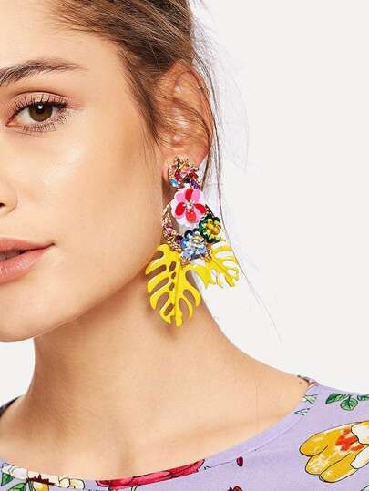 Tropical Leaves & Sequin Flower Drop Earrings 1pair | SHEIN