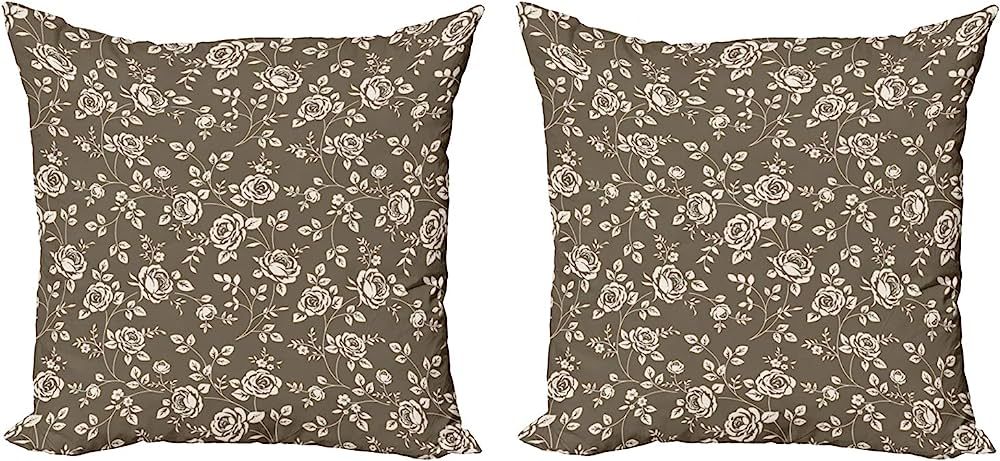 Lunarable Rose Throw Pillow Cushion Cover Pack of 2, Silhouette Pattern of Rose Branches Twig Orn... | Amazon (US)