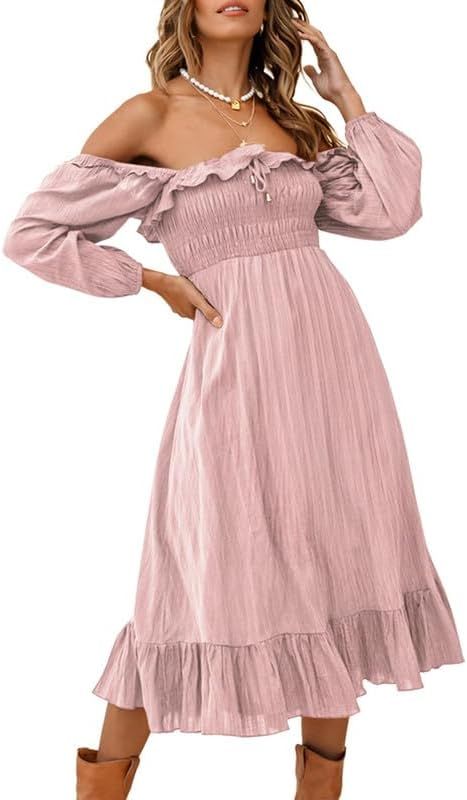 Dokotoo Womens Summer Dresses 2023 Square Neck 3/4 Puff Sleeve Shirred High Waist A-Line Midi Dre... | Amazon (US)