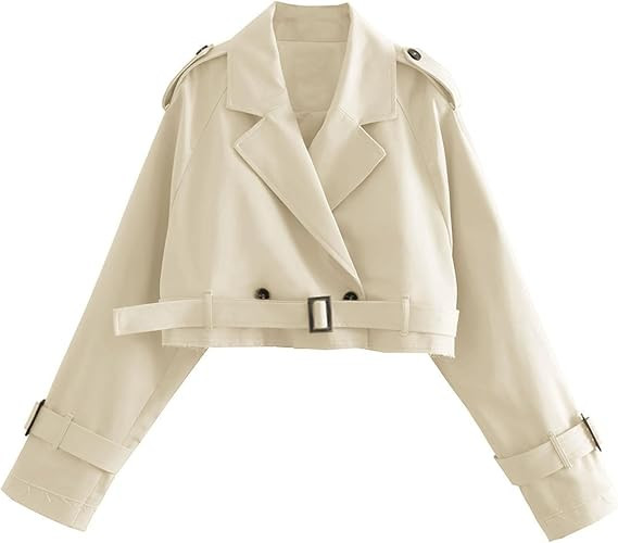 Xiaoxuemeng Womens Cropped Bike Jacket Casual Double Breasted Trench Coat with Belt | Amazon (US)