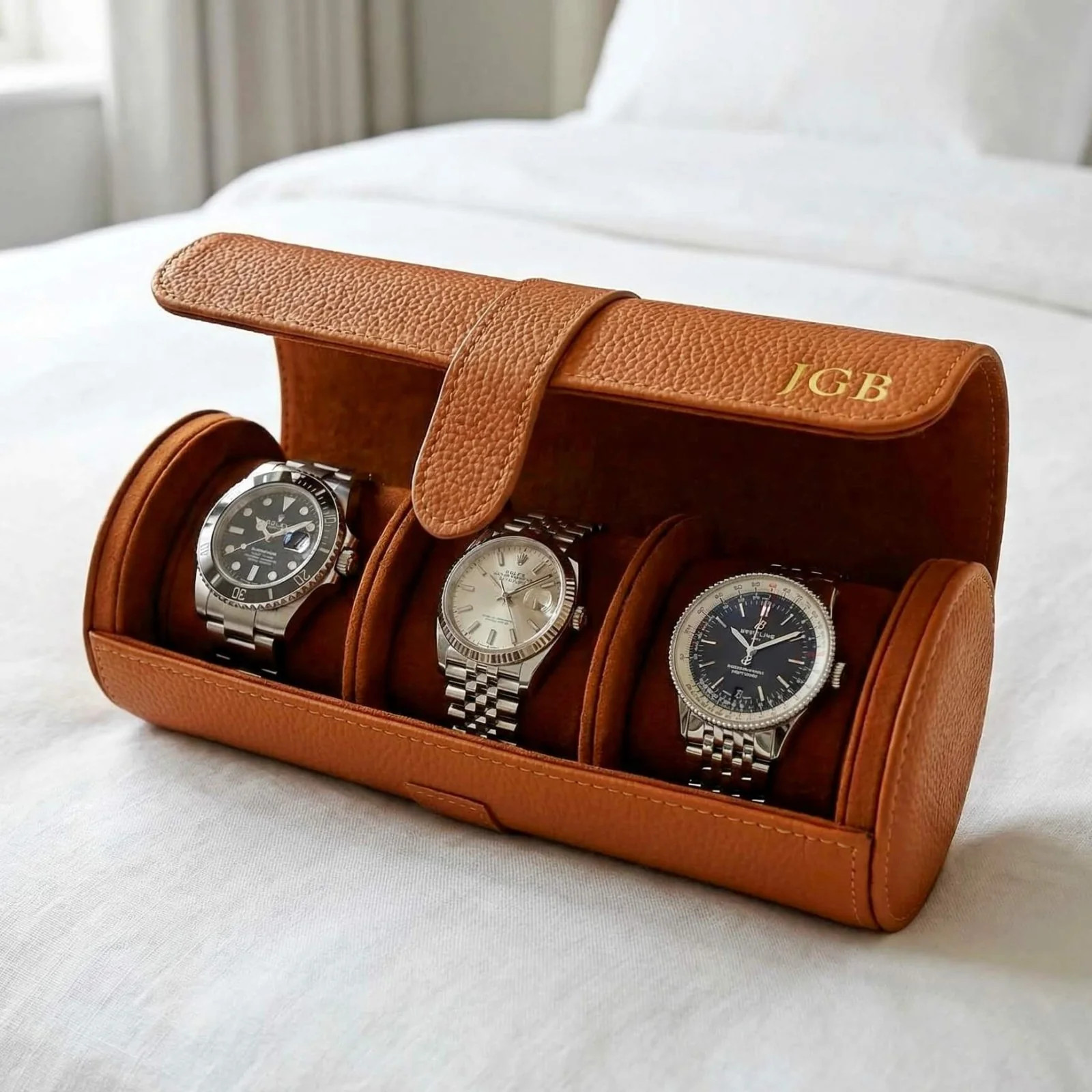 Durham Custom Leather Watch Roll for Travel, Camel | HomeWetBar.com