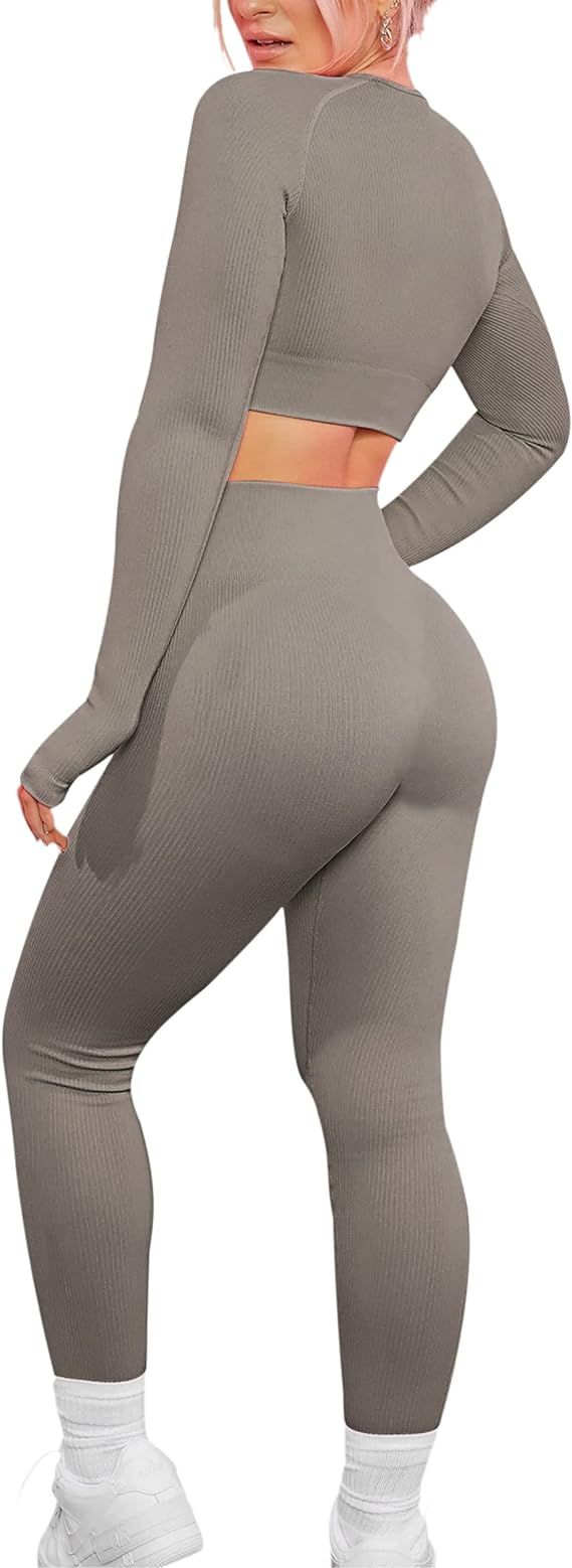 VALANDY Women's Workout Set 2 Piece Gym Seamless Leggings Ribbed Crop Top Active Wear Outfits | Amazon (US)