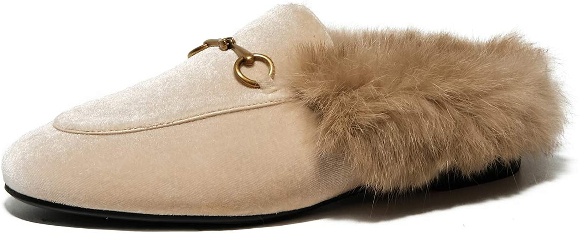 Fur Mules for Women Leather Low Heel Loafers Pointed Toe Backless Slides Rabbit Fur Mule Flats Shoes | Amazon (US)