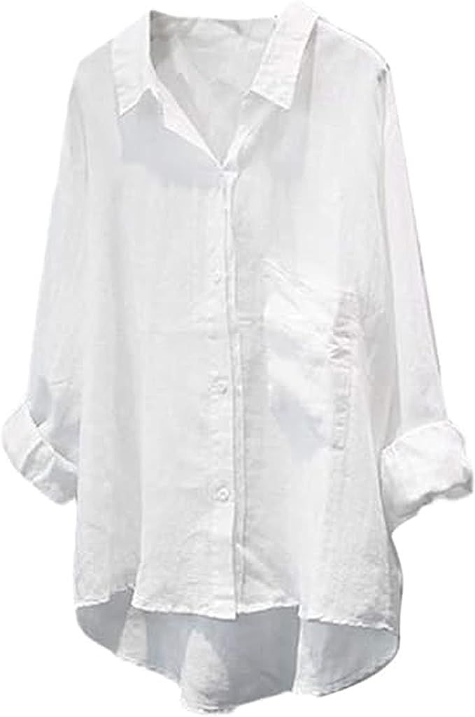 Minibee Women's Long Sleeve Shirts Button Down Blouse Cotton Tunic High Low Tops | Amazon (US)