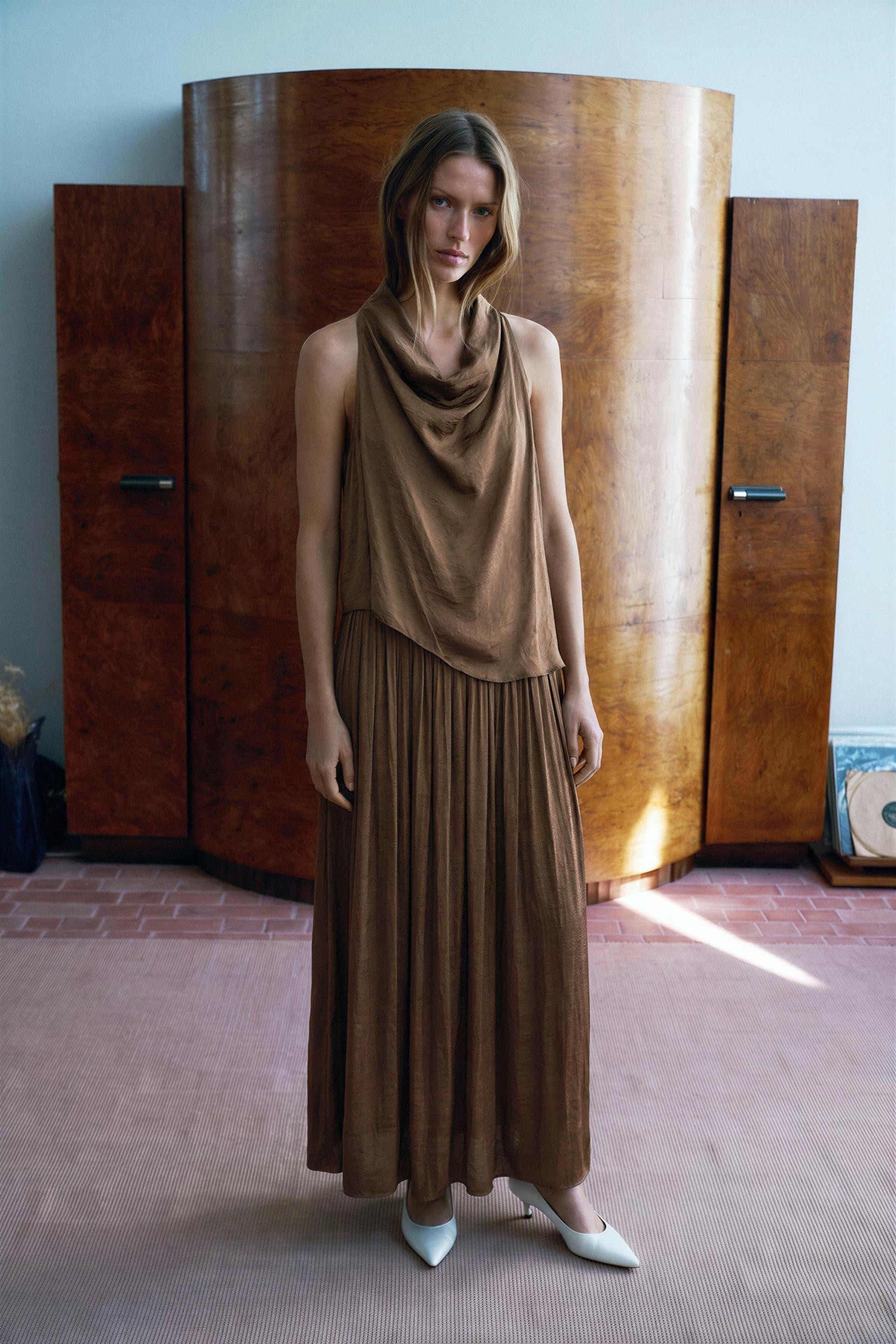 Zara - Satin Midi Dress - Brown - Xl - Woman | Zara US