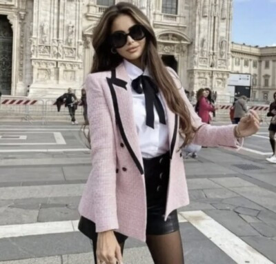 ZARA STRUCTURED BLAZER WITH CONTRASTING PIPING PINK Size L No Returns  | eBay | eBay UK