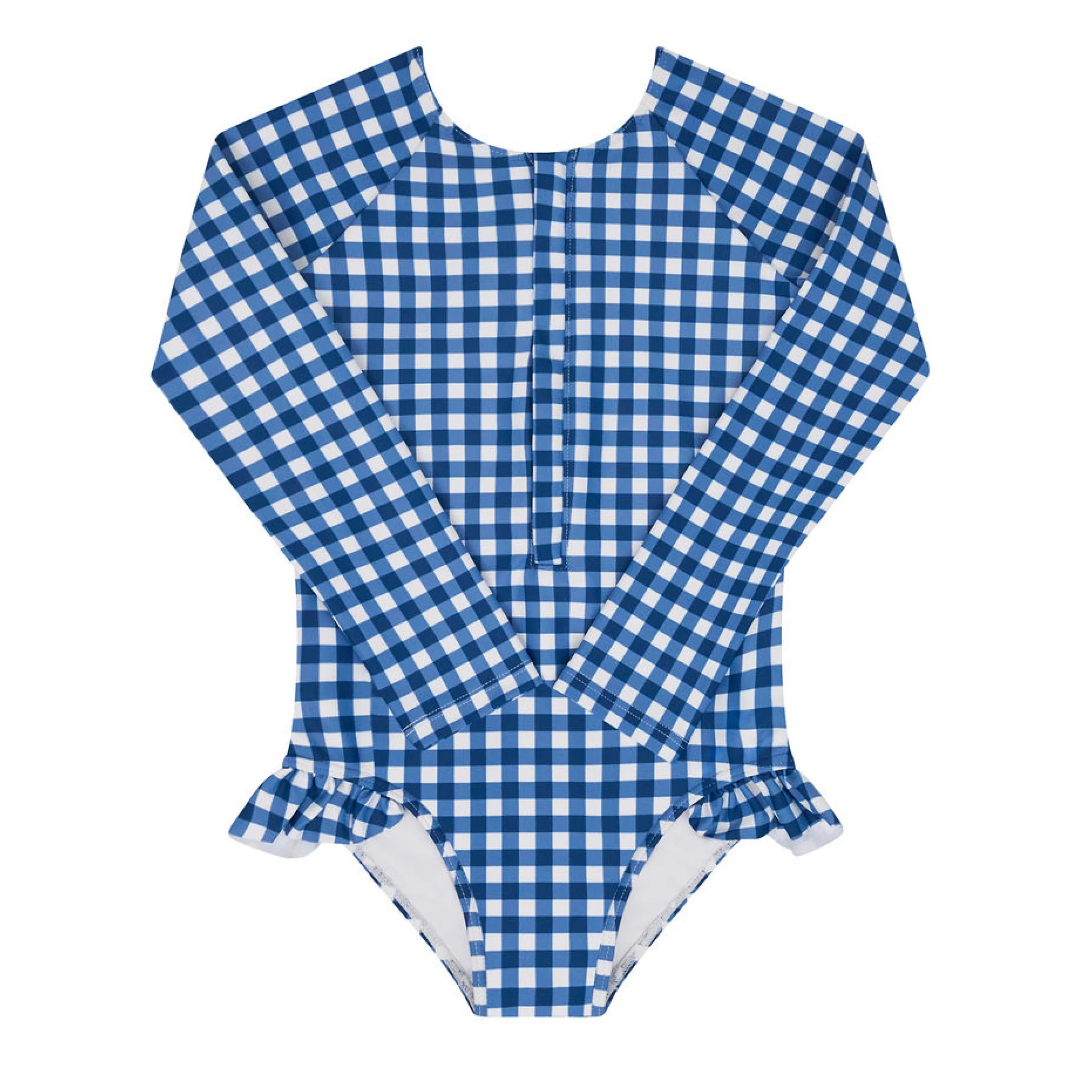 girls navy picnic gingham front zip rashguard one piece | Minnow