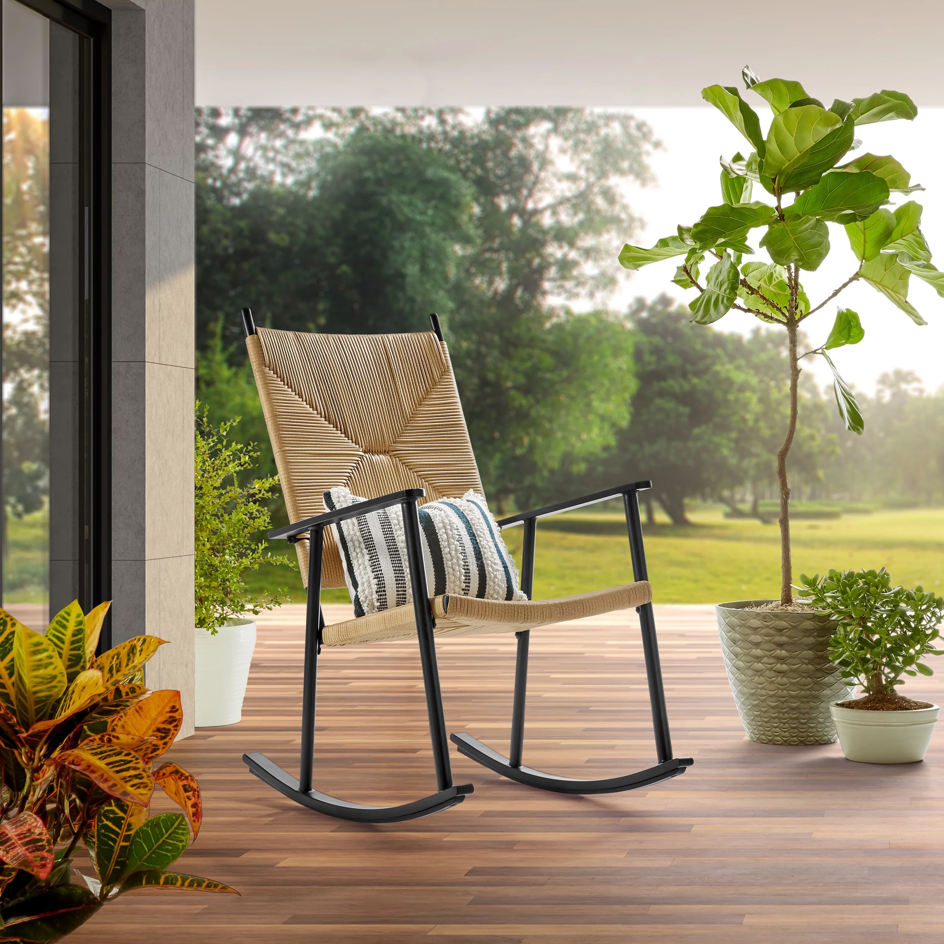 Better Homes & Gardens Ventura Outdoor Adult  Steel Rocking Chair, Natural Rush Weave - Walmart.c... | Walmart (US)