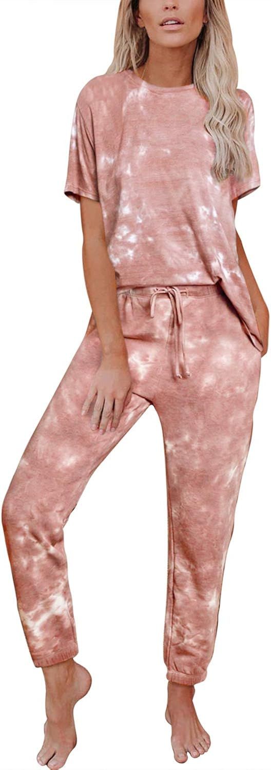 Fixmatti Women 2 Piece Tie Dye Sweatsuit Pullover Shirts and Drawstring Sweatpants Set | Amazon (US)