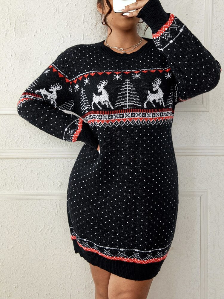Plus Deer & Tree Pattern Drop Shoulder Sweater Dress | SHEIN