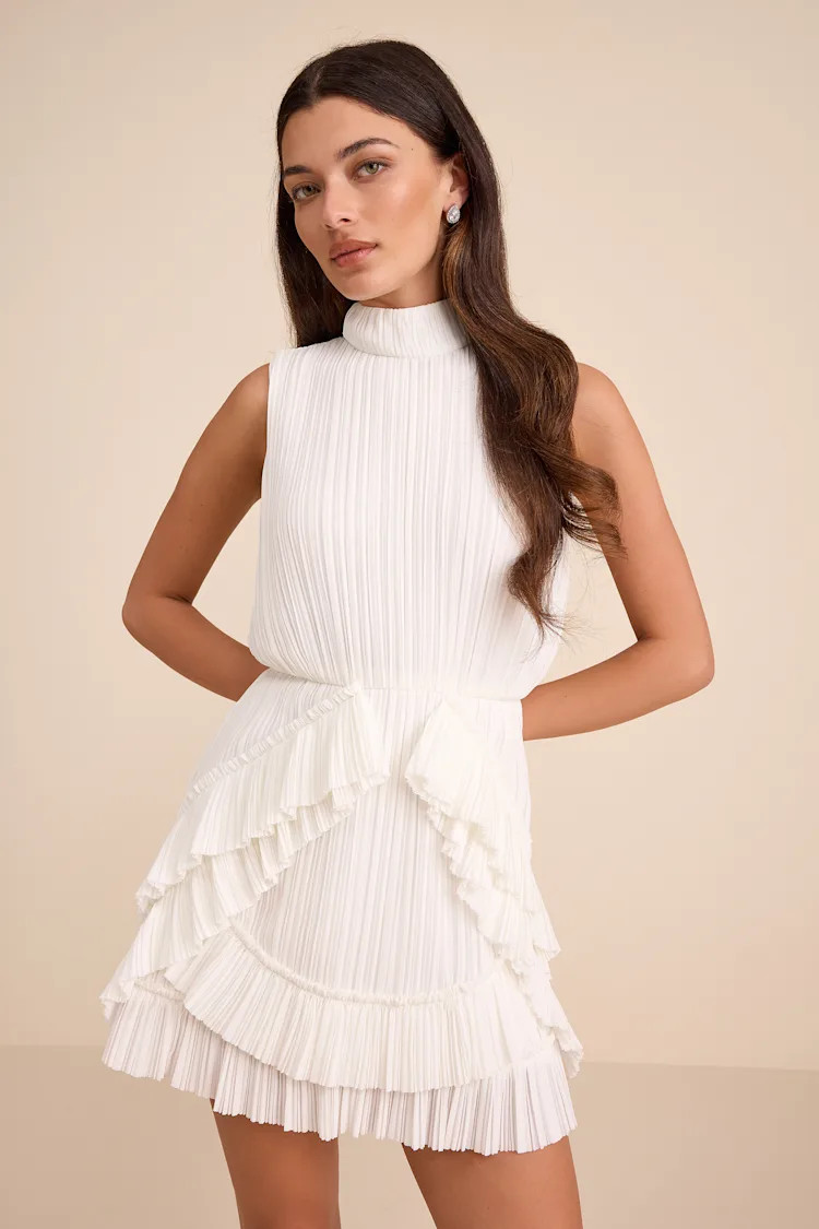 Alvana White Plisse Mock Neck Ruffled Mini Dress | Lulus
