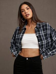 SHEIN Essnce Women's Red Button-Front Long Sleeve Plaid Casual Shirt Long Sleeve Shirt Christmas ... | SHEIN