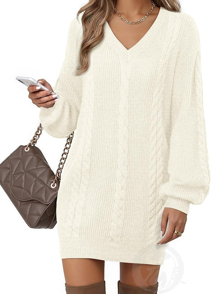 Women's Pullovers Jumper Sweaters Lantern Sleeve Casual V Neck Fall Knit Mini Sweater Dresses | Amazon (US)