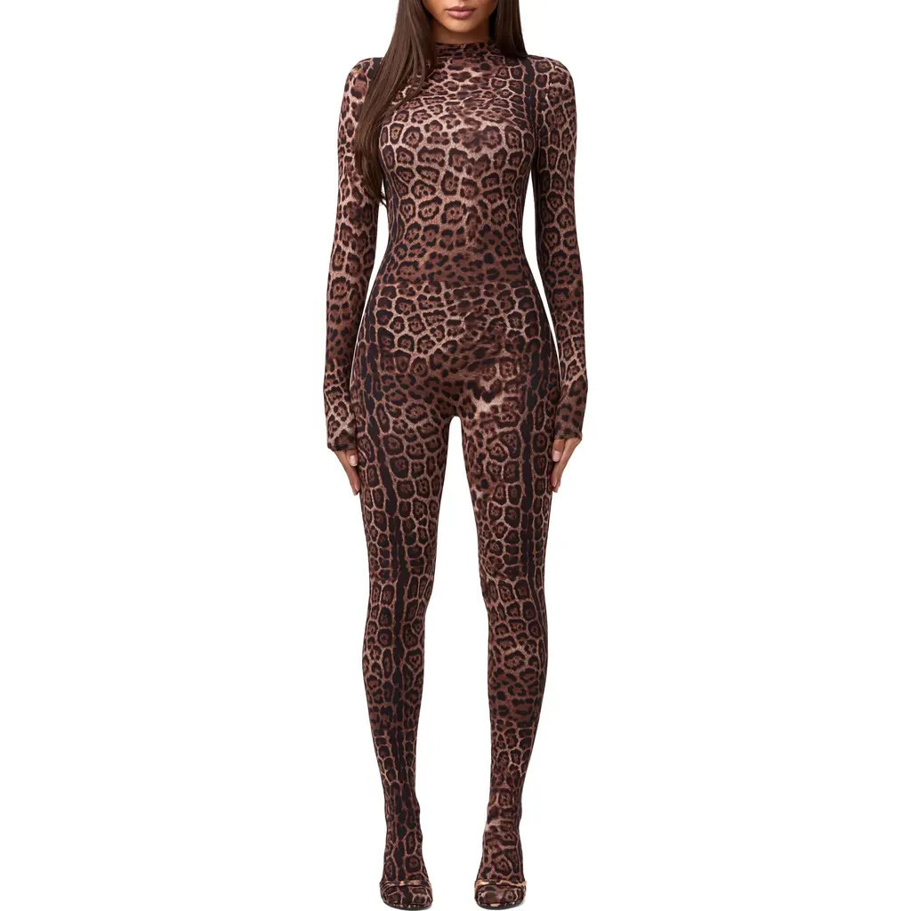 Naked Wardrobe Animal Print Closed Toe Jumpsuit in Brown Leopard at Nordstrom, Size Small | Nordstrom