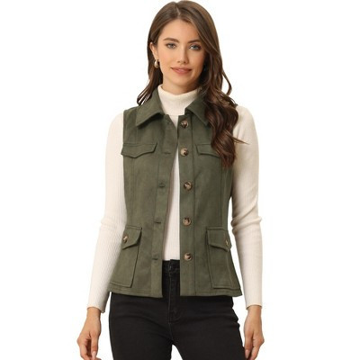 INSPIRE CHIC Women's Buttoned Sleeveless Faux Suede Utility Vest with Cargo Pocket Small Army Green | Target