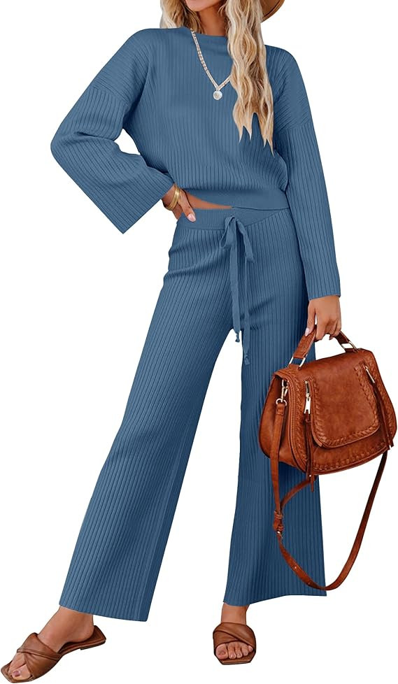 ZESICA Women's 2 Piece Outfits Set 2026 Casual Long Sleeve Knit Pullover Top and Wide Leg Pants S... | Amazon (US)