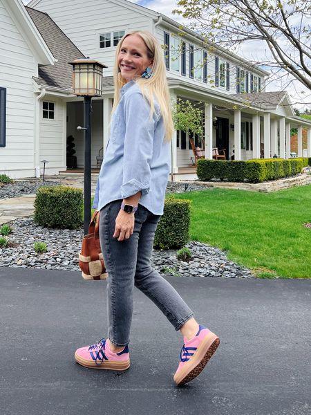 Spring casual outfit - madewell dark denim, adidas sneakers (size half down in gazelle styles), tuckernuck raffia top handle bag and earrings, ticking stripe button down

More everyday casual outfits on CLAIRELATELY.com 

#LTKFindsUnder100 #LTKSeasonal #LTKxMadewell